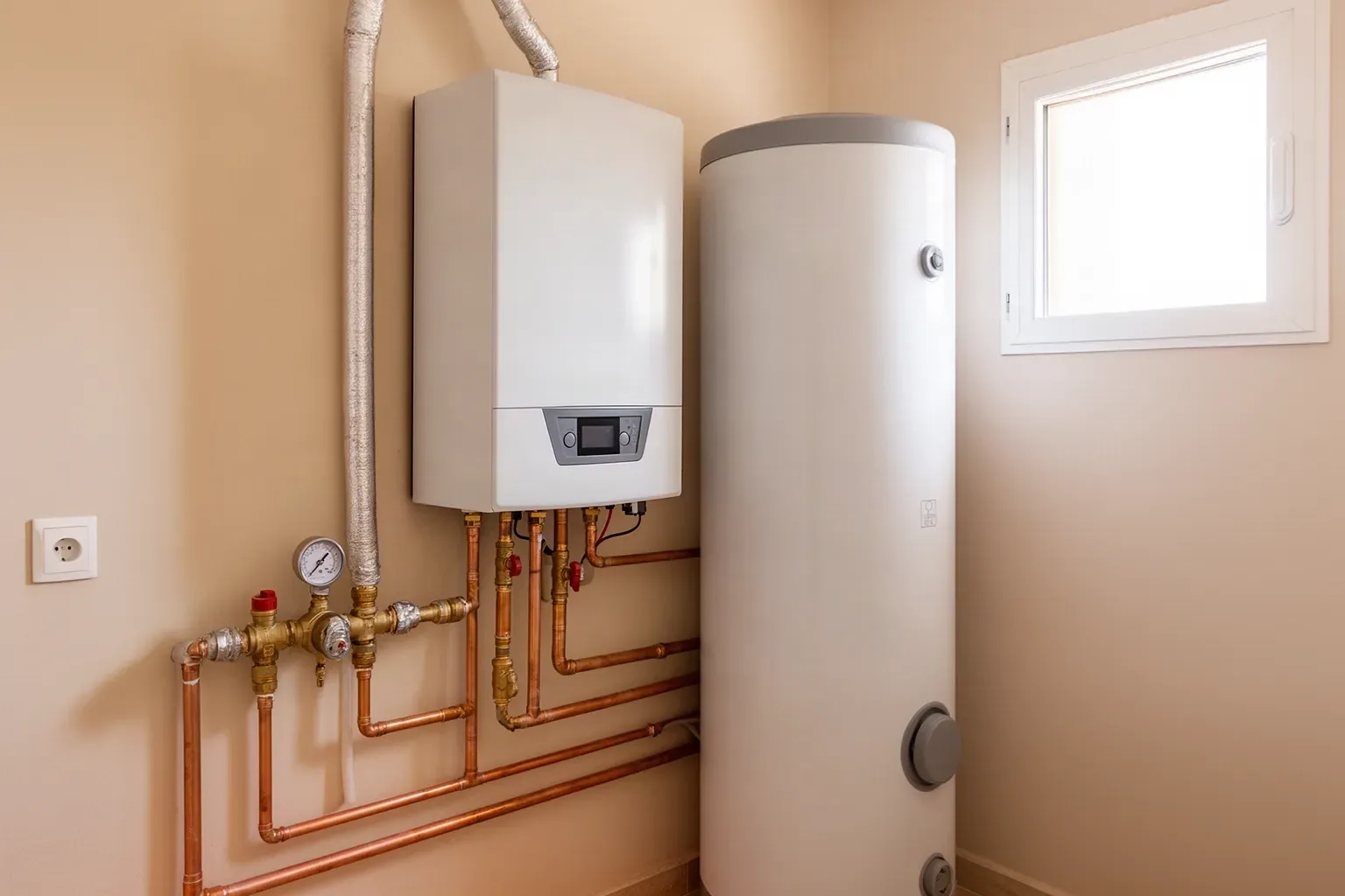 Módulo interior de aerotermia y depósito de agua caliente instalados en el cuarto técnico de una casa