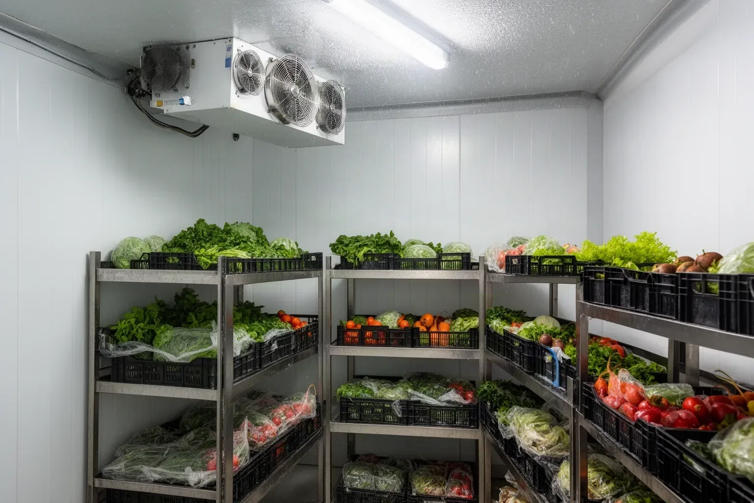 Interior de una cámara frigorífica comercial con estanterías de acero y cajas de verdura