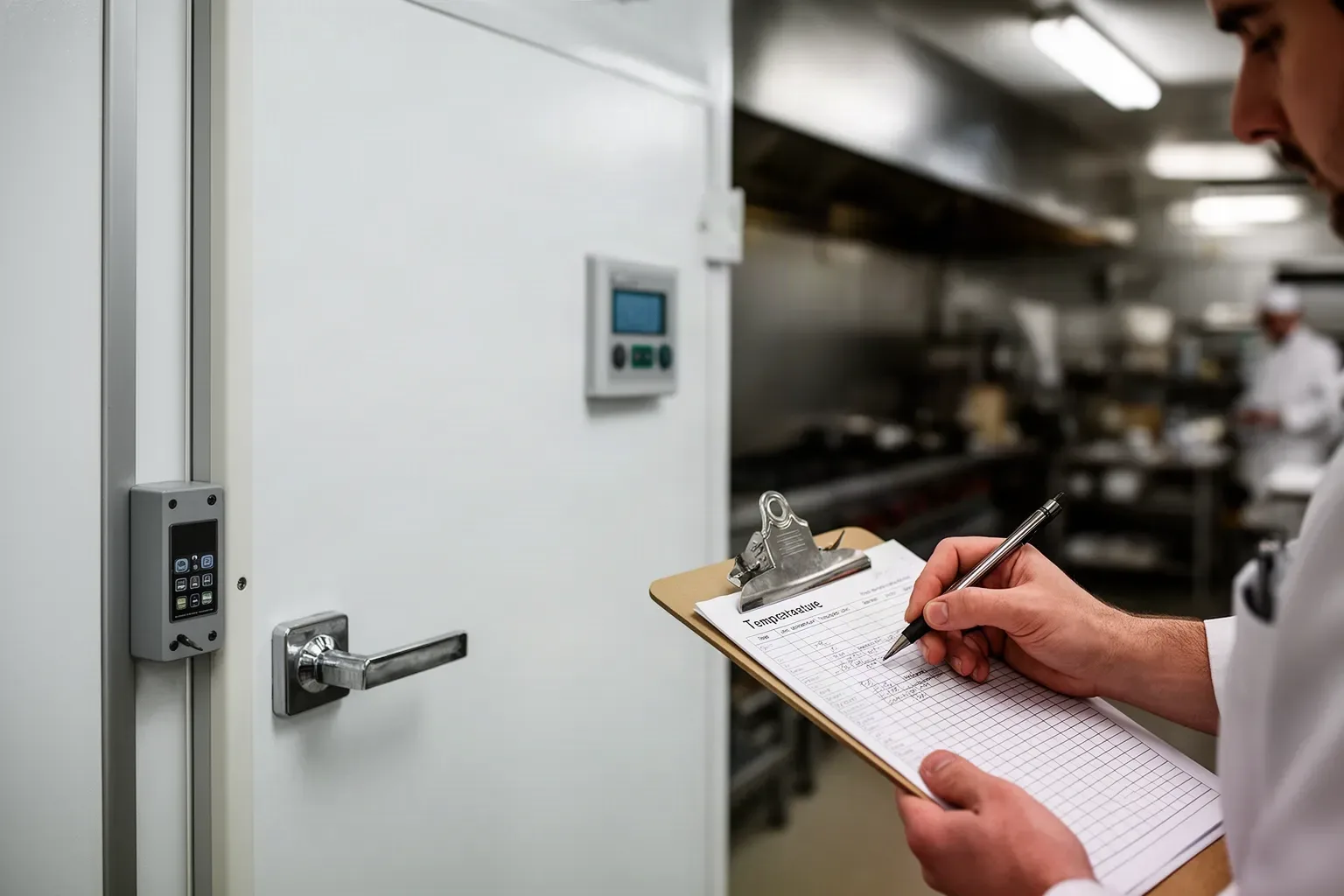 Termostato digital en la puerta de una cámara frigorífica y hoja de registro de temperaturas en una cocina