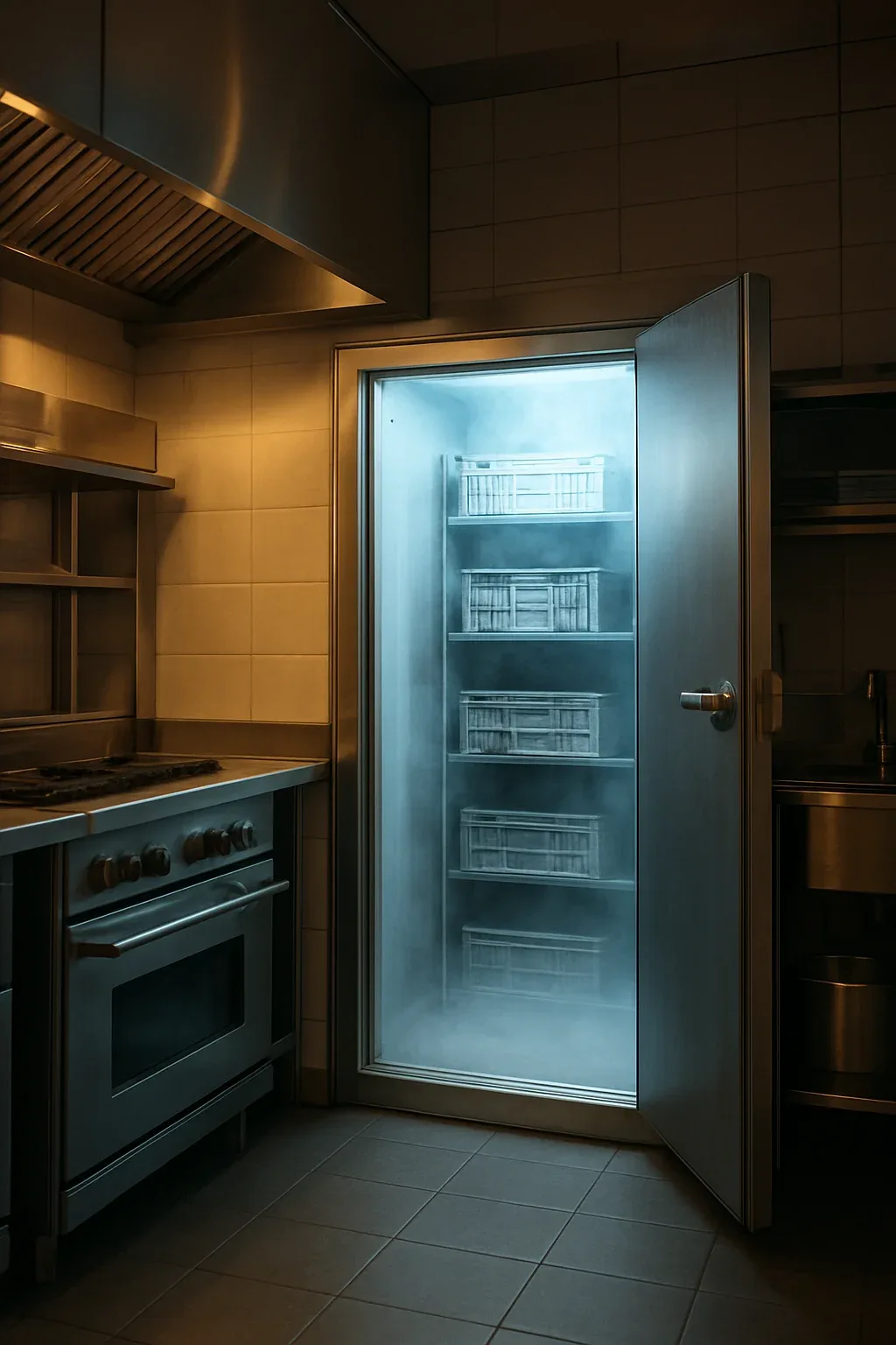 Cocina industrial con la puerta de una cámara frigorífica abierta