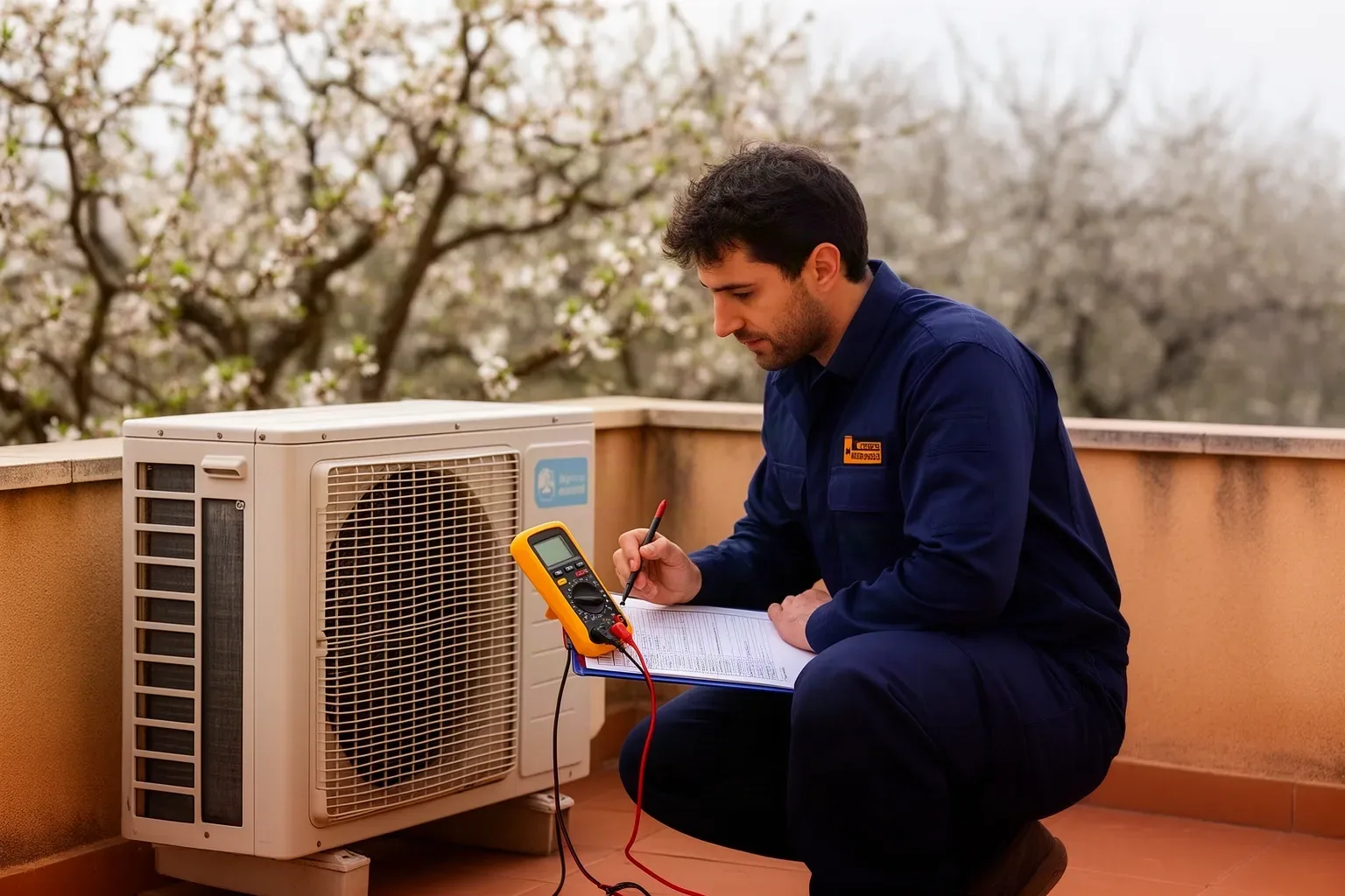 Técnico revisando con un polímetro la unidad exterior de un aire acondicionado en una terraza en primavera