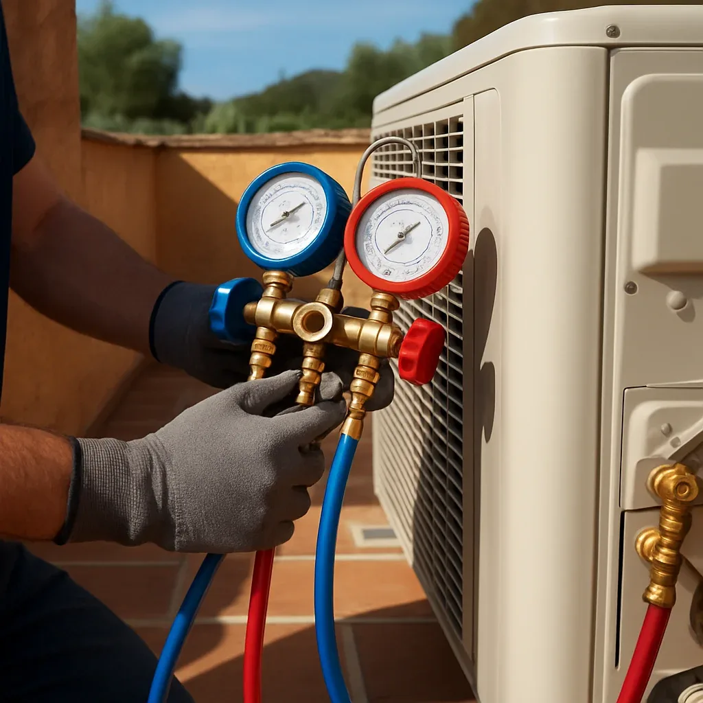 Técnico midiendo presiones con manómetros en la unidad exterior de un aire acondicionado
