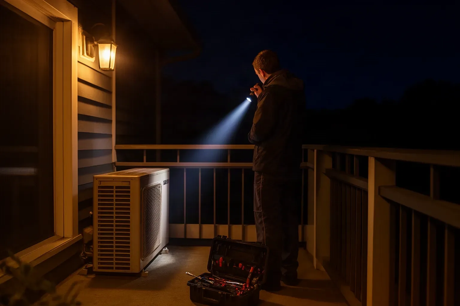 Técnico revisando con una linterna una unidad exterior de aire acondicionado de noche